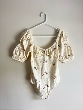 Free People Cream Floral Puff-Sleeve Bodysuit